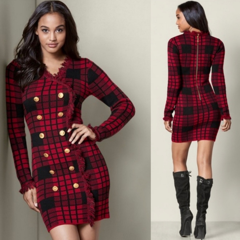 Venus Red & Black Plaid Tartan Fringe Dress